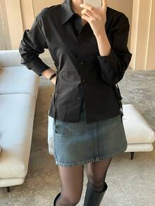 Color Sólido Señoras Cintura Corbata Slim Lapel Single Breasted Camisa Manga Larga Ocasión Formal - Negro - Ver 4