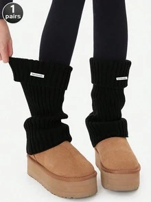 Calentadores de piernas de punto de unicolor para mujer de los años 80 con etiqueta metálica (el texto de la etiqueta metálica es aleatorio), acanalados, para usar al aire libre como accesorio de moda, uso casual en otoño/invierno, Y2k, cálidos