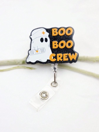 1PC Cartoon Funny Halloween Ghost BOO BOO CREW Glitter Letters Design Retractable Badge Reel Holder Acrylic ID Name Card With Clip Nurse Accessories For Hospital Workers Halloween Gift Wicked Gifts For Women Gifts For Men