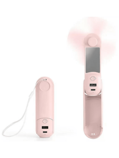 5 IN 1 Portable Handheld Fan - Multifunctional USB Rechargeable Foldable Cooling Fan With Power Bank, Flashlight & Makeup Mirror. Features 3 Adjustable Speed Levels.Perfect For Travel, Outdoor, Office & Home Use.Essential Multitool Fan For Anywhere.