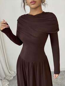 Women's Elegant Long Sleeve Dress With Ruched Waist And A-Line Silhouette, Coffee Color, Suitable For Spring, Summer, Autumn, Winter, Elegant, Everyday, Commute, Party, Date, Ramadan - Coffee - View 3