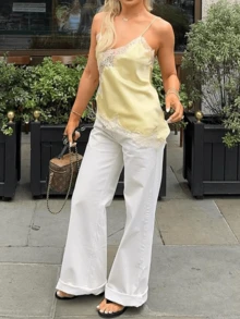 Women's Lace Trim Asymmetrical Camisole Spaghetti Strap V - Neck Satin Tank Top Casual Party Wear - Màu vàng - Xem 4