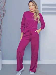 WOMEN'S WINTER SET: HIGH-WAIST, ELASTIC PANTS AND LANZIN BLOUSE - Rose Red - View 5