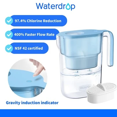 Waterdrop Elfin Water Filter Jug With 3-Month Filter, 2.5 L, Filter To Reduce Limescale, Chlorine, Lead, Copper In Water, Blue (Replacement Filter: WD-PF-01A Plus)