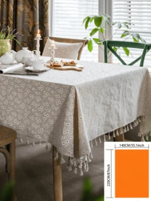 1 buc. Față de masă cu ciucuri, în stil pastoral francez, bej, cu imprimeu de crizanteme, husă de masă dreptunghiulară pentru măsuța de cafea, dulap TV, decor pentru casă