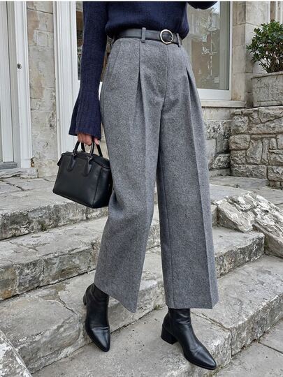 标准尺寸纯色拉链口袋褶饰女士休闲装，秋冬