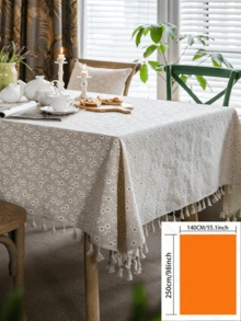 1 buc. Față de masă cu ciucuri, în stil pastoral francez, bej, cu imprimeu de crizanteme, husă de masă dreptunghiulară pentru măsuța de cafea, dulap TV, decor pentru casă