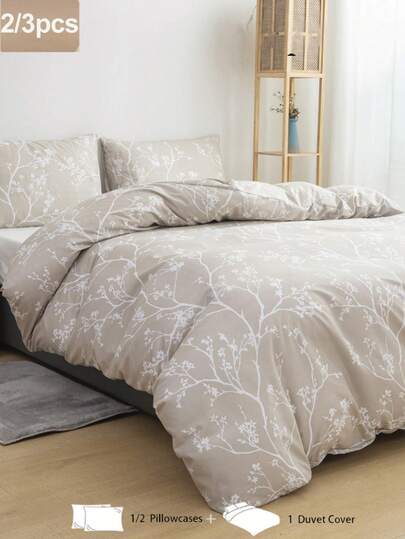 2/3 pièces/Set Ensemble de housse de couette avec motif floral de feuilles de branche sans rembourrage, respirant, super doux, pour toutes les saisons (1 pièce*Housse de couette + 1/2 pièces*Taie d'oreiller, sans oreiller). Design réversible bicolore doux. Idéal pour la chambre, la chambre d'amis, le dortoir. Lavage en machine. Tailles King, Queen, Full, Twin. Literie brossée en microfibre pour décoration de dortoir étudiant, Saint-Valentin, mariage, cadeaux pour filles