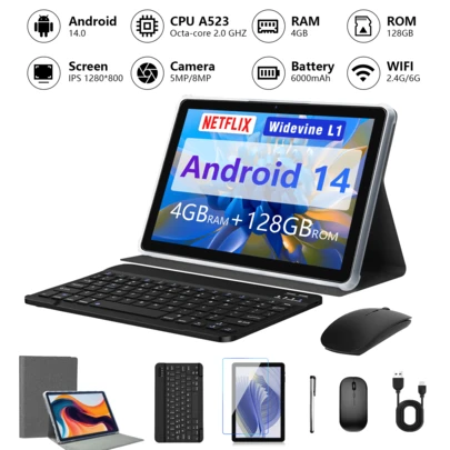 Qetupa 10.1 Inch Android 14 Tablet, 4GB RAM + 128GB ROM, A523 Octa - Core 2.0GHz, 1280x800 High - Definition IPS Touch Screen, 5MP + 8MP Dual Cameras, 6000mAh Battery, Supports 1TB SD Expansion, BT5.4 & 802.11ac WiFi 2.4G/6G Wireless