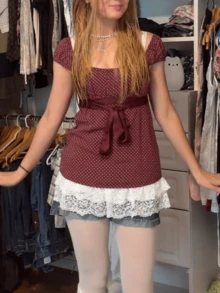 Women's Polka Dots Print Scoop Neck Slim Fit Tops Puff Short Sleeve Tie Front T Shirt - Màu Đỏ Sâu - Xem 3