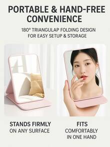 便携式折叠仿皮化妆镜，高清玻璃表面 - 宿舍、旅行和美容礼品的理想选择 - 黑色 - 查看 3