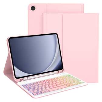 适用于三星 Galaxy Tab / iPad / Redmi Pad SE 的可拆卸彩色背光蓝牙键盘保护套，超薄轻巧支架保护套，带笔槽（不含 Apple Pencil），粉色保护套 + 粉色键盘