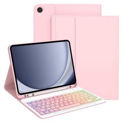 适用于三星 Galaxy Tab / iPad / Redmi Pad SE 的可拆卸彩色背光蓝牙键盘保护套，超薄轻巧支架保护套，带笔槽（不含 Apple Pencil），粉色保护套 + 粉色键盘