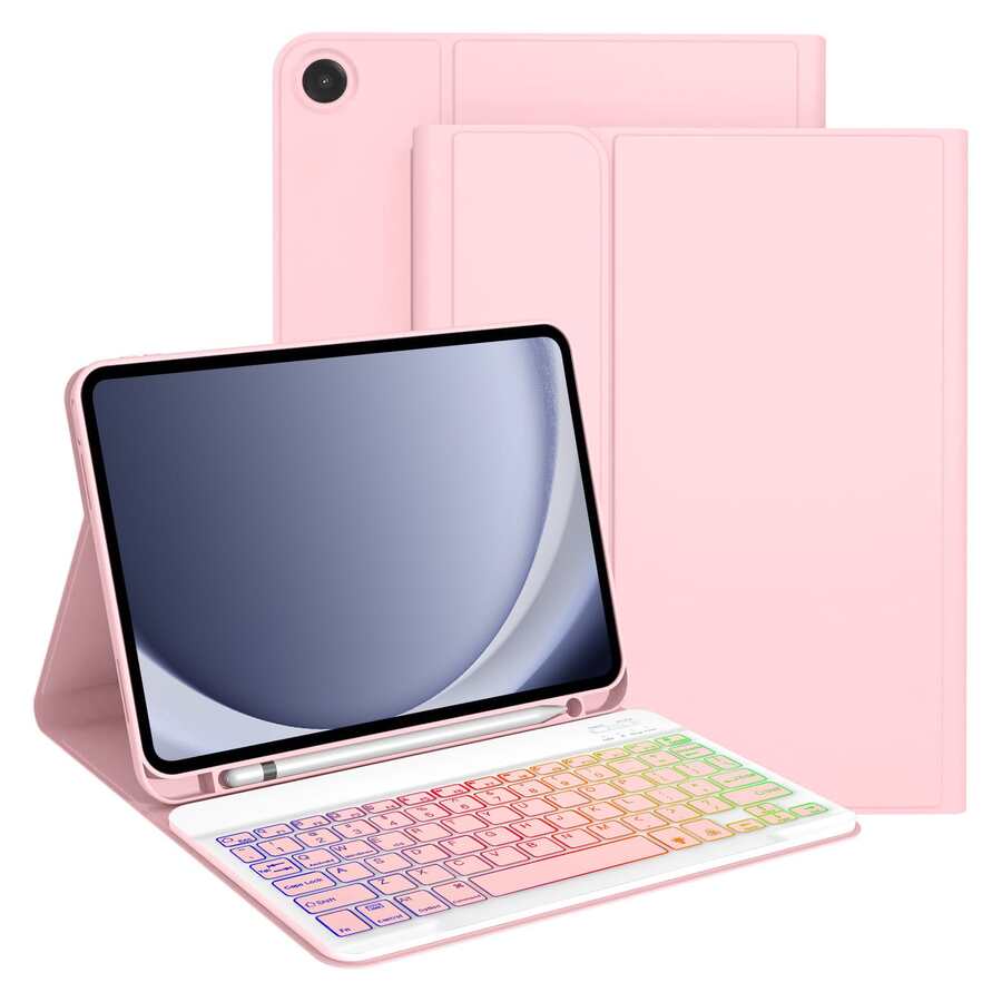 适用于三星 Galaxy Tab / iPad / Redmi Pad SE 的可拆卸彩色背光蓝牙键盘保护套，超薄轻巧支架保护套，带笔槽（不含 Apple Pencil），粉色保护套 + 粉色键盘 - 粉色 - 查看 1