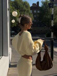 MORI 米黄色针织两件套，时尚简约优雅裤装，适合日常穿着、通勤及新年等场合，春秋季 - 黃色 - 查看 3