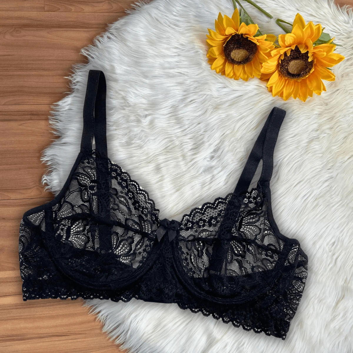 Sutiã Renda Floral Com Aro Sutiã Forrado Meia Taça Sem Bojo Primavera Verão Outono Inverno M G GG - Preto - Visão 1
