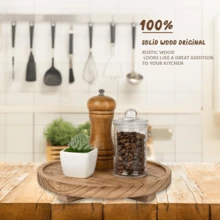 1 pieza Bandeja decorativa redonda, organizador de encimera de baño de madera, decoración de cocina rústica, elevador de madera para plato de jabón, perfume, vela, esponja, 9 pulgadas