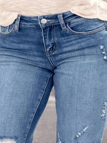 Plus Size Women's Distressed Denim Jeans - Medium Wash Blue Long Pants - Comfortable And High Quality - Medium Wash - View 5