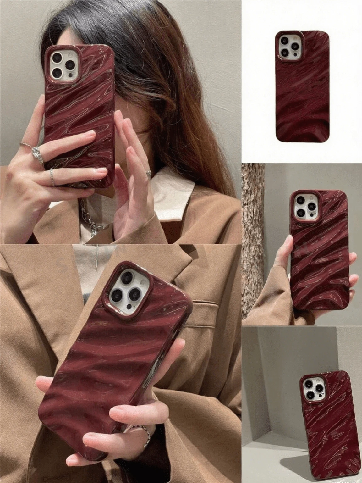 Ốp lưng điện thoại Y2K 3D vân lụa lượn sóng tối giản màu trơn bóng mạ điện chống rơi, tương thích với iPhone 15/15 Pro Max/15 Pro/15 Plus/11/12/13/14/16 Pro Max/XS/XR/11 Pro/11 Pro Max/12 Pro/12 Pro Max/13 Pro/13 Pro Max/7 Plus/14 Pro/14 Pro Max/14 Plus/16 Pro/16 Plus/7 Plus/8 Plus/8/SE2 - Màu Đỏ Sâu - Xem 1