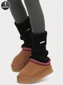 Calentadores de piernas de punto de unicolor para mujer de los años 80 con etiqueta metálica (el texto de la etiqueta metálica es aleatorio), acanalados, para usar al aire libre como accesorio de moda, uso casual en otoño/invierno, Y2k, cálidos