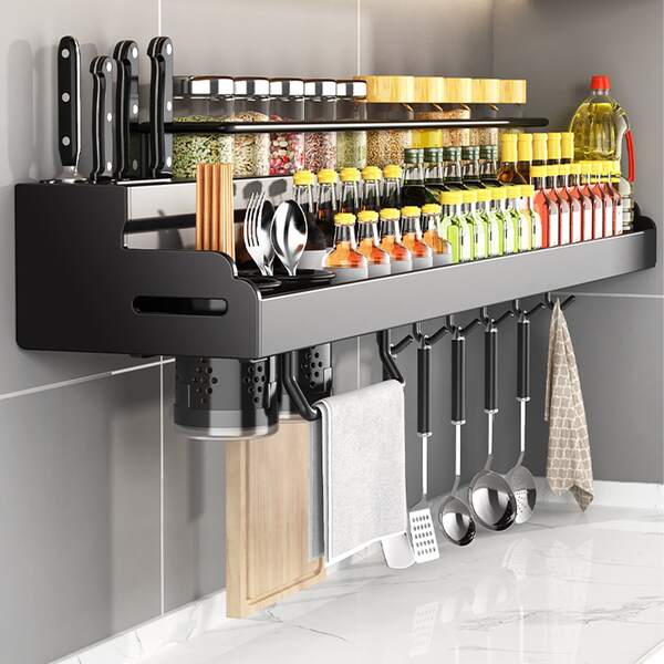 1PC Black All-In-One Wall-Mounted Iron Spice Rack Organizer, Kitchen Storage Shelf With Knife Holder & Utensil Hooks, Keep Kitchen Tidy
