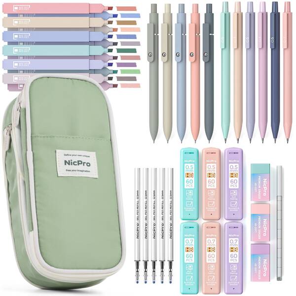  Nicpro 39 Pcs Aesthetic School Supplies With Big Capacity Pen Case, 12 Colors Chisel Tip Cute Highlighters, 5 Quick Dry Retractable Black Ink Pens, 6 Pastel Mechanical Pencil 0.5 & 0.7 Mm