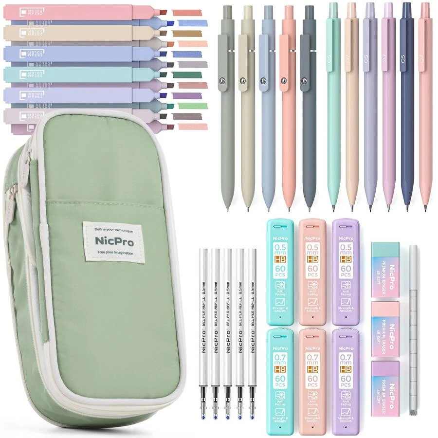 Nicpro 39 Pcs Aesthetic School Supplies With Big Capacity Pen Case, 12 Colors Chisel Tip Cute Highlighters, 5 Quick Dry Retractable Black Ink Pens, 6 Pastel Mechanical Pencil 0.5 & 0.7 Mm