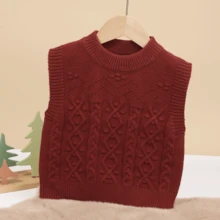 一件女童/男童套头毛衣背心，宽松版型，纹理针织设计，适合春秋季穿着。 - 酒紅色 - 查看 9