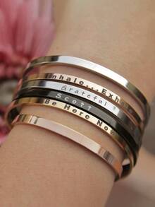 Customized 18K Gold Engraved Text Bracelet, Roman Numeral, Name Or Information Bracelet, Gold-Plated, Rose Gold, Silver, Fashionable Stacking Accessory, Multi-Color/Gold Options, Open Design, Adjustable Size, Fits All, Multifunctional Bracelet Accessory, Gift For Mom/Girlfriend/Classmate/Family/Friend
