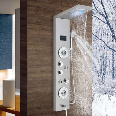 Sistema de ducha LED Panel de ducha de lluvia negra Sistema de torre Sistema de cabezal de ducha de cascada montado en la pared 5 funciones Columna de ducha de masaje con ducha de mano