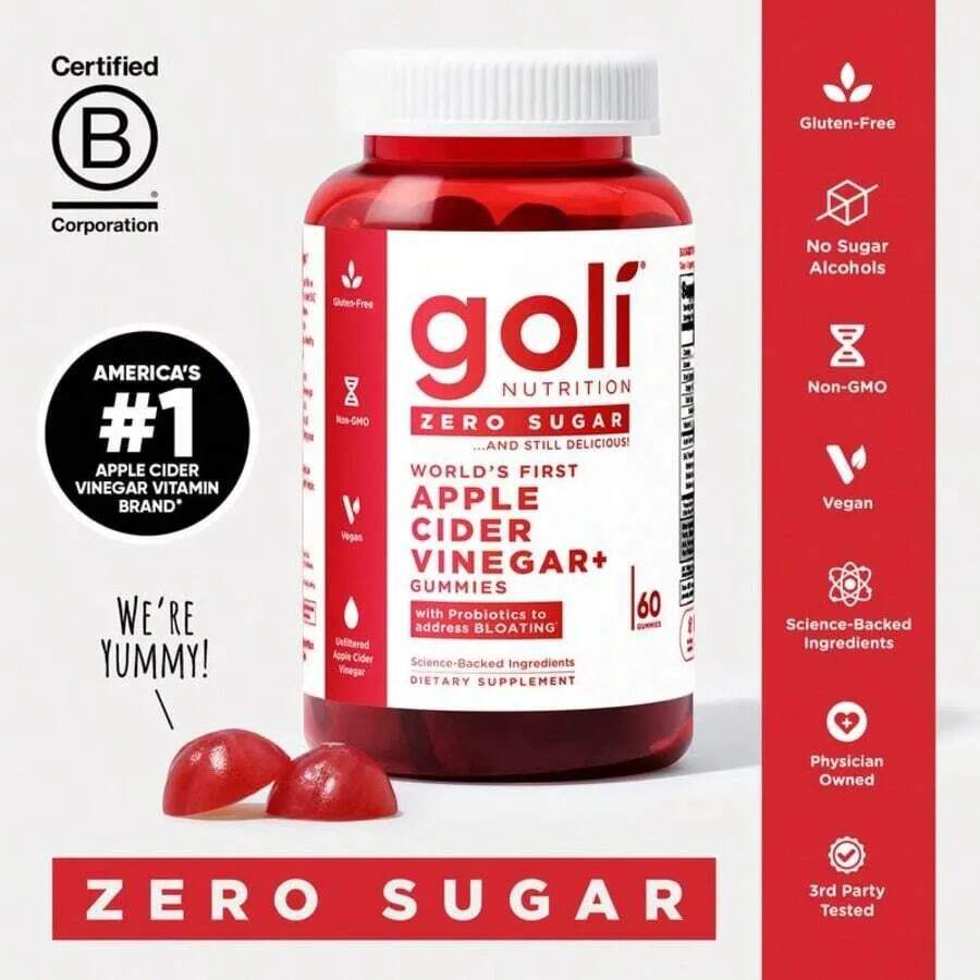 FREE SHIPPING, Zero Sugar,GOLI World's First Apple Cider Vinegar Gummies - Vitamin B12, Probiotics To Address Bloating,Vegan, Plant Based, Non-GMO, Gluten-Free & Gelatin-Free - Khác - Xem 1