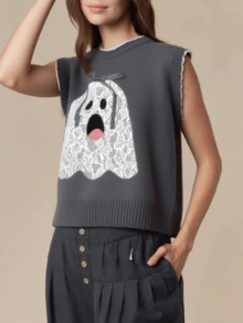 Women's Y2K Knit Vest - Playful Ghost Face Embroidery With Triple Bow ...