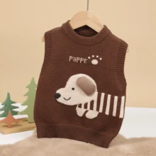 1pc Baby Boy Sweater/Baby Girl Vest Pullover, Puppy Floral Pattern, Cute Knit Sweater For Toddler Girls, Suitable For Spring & Autumn - Chocolate Brown - View 9