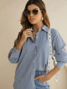 Women's Striped Long Sleeve Crepe Silk Blouse – S, M, L, XL - Blue - View 5