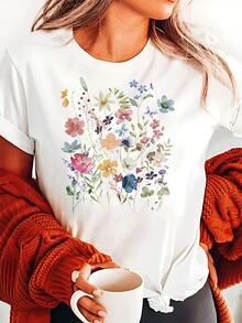 Elegante camiseta con estampado floral para mujer. Camiseta informal de manga corta y cuello redondo con un delicado estampado de flores silvestres. Confeccionada en tela suave y cómoda, perfecta para el día a día y para combinar con looks de moda. - Blanco - Ver 2