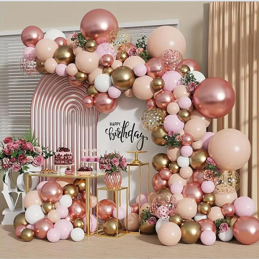 Rose Gold Balloon Garland Set, Nude, Pale Pink, Metallic Gold, Matte White Balloons, Gold And Rose Gold Confetti, Foil Balloons, 125pcs Different Sizes With Accessories, Suitable For Wedding, Bridal Shower, Princess Party, Girl Birthday, Baby Shower, Wedding Decoration, Home Decoration, Room Decoration, Christmas, Photo Backdrop Decoration, Thickened Latex, And Harmless - Multicolor - View 1
