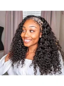 Wet And Wavy Headband Wigs Blended Human Hair Brazilian Virgin Hair Water Wave Headband Synthetic Hair Wigs For Black Women 200% Density Glueless Non Lace Front Wigs Half Wig With Headband Curly Hair Band Wig 18inch - Natural & Black - View 5