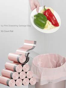 50pcs Trash Bags, Extra Thick Durable Drawstring Trash Bags, Kitchen Accessories, Suitable For Kitchen Bathroom Bedroom Living Room, Portable Polyethylene Material, Stylish Design, Drawstring Closure, With Trash Bag Dispenser, Home Organization Essential (Color Pink) - Hồng - Xem 1