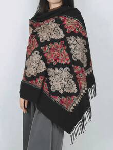 1pc Women's Autumn/Winter Faux Cashmere Embroidered Scarf, Thick Warm Tasseled Embroidered Bohemian Style Travel Shawl Poncho - Black and Red - View 1