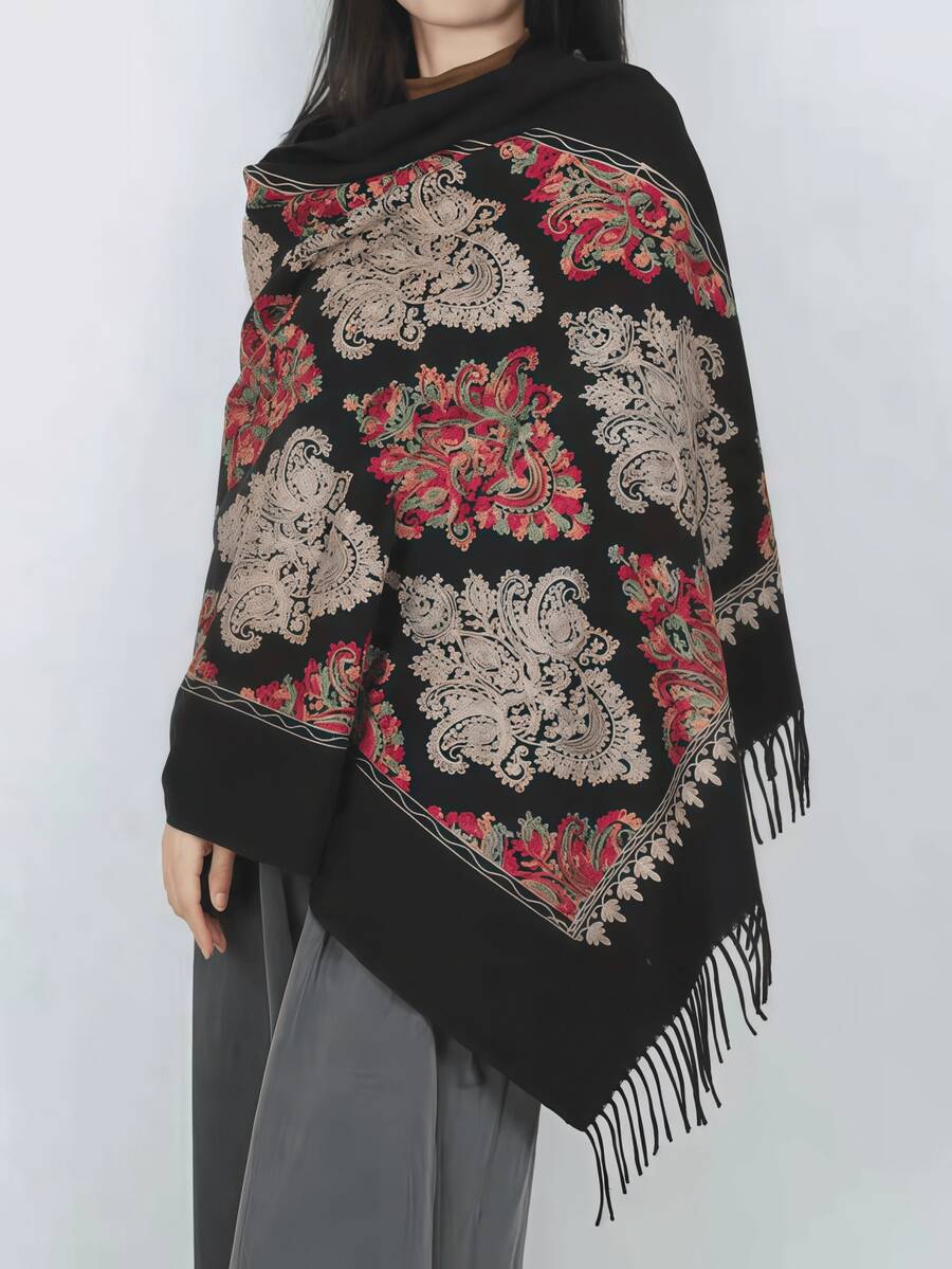 1pc Women's Autumn/Winter Faux Cashmere Embroidered Scarf, Thick Warm Tasseled Embroidered Bohemian Style Travel Shawl Poncho - Black and Red - View 1