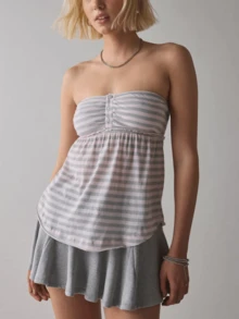 Women Y2k Striped Flowy Tube Tops Strapless Ruffle Hem Babydoll Bandeau Top Summer Button Down Backless Aesthetic Peplum Camisole Teen Girl Casual Going Out Streetwear - 淺灰紫 - 查看 3