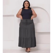Saia Longa Feminina três Maria Camadas Cores Lisa Casual - Cinza - Visão 5