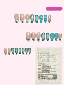 24 uñas postizas con forma de almendra y diseño de flores 3D con degradado azul-verde - Adecuadas para salidas festivas, uñas postizas removibles y reutilizables