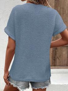 Primavera Otoño Verano Casual Cuello en V Tachonado Botón Manga Corta Punto Camiseta Mujer - Azul - Ver 2