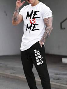 2-Piece Outfit With Racing And Sports Letter, Men's Short Sleeve Graphic T-Shirt And Casual Cotton Pants Set,  Crew Neck T-Shirt + Drawstring Cuffed Joggers, Outdoor Casual Sportswear Set For Sports For Outdoor - 白色 - 查看 4