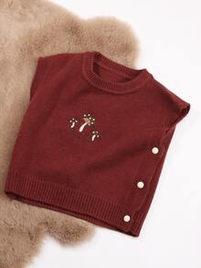 1pc Toddler Girls Oversized Loose Fit Pullover Sweater Vest, Red Mushroom Button Decor, Simple & Cute Knit Cardigan For Girls, Suitable For Spring & Autumn - Burgundy - View 4