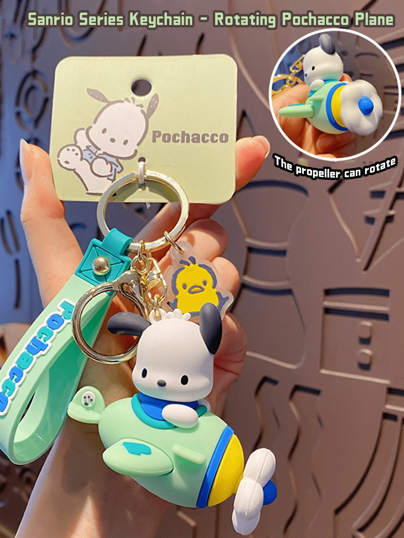 Sanrio Series Pochacco Plane Keychain, with Rotating Propeller - Adorable 3D Design, PVC Flexible Tape Included, Perfect for Bag & Key Decoration, Unique Collectible for Cartoon Lovers, Stylish & Functional Accessory for Daily Use, Suitable for Cartoon Lovers, Stylish & Functional Accessory for Daily Use, Suitable for All Auit