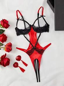 weiweihu Ladies Dark Gothic Satin Stitching Lace Fabric Steel Ring Sexy One-Piece, 1pc Ladies Sexy Underwear Sexy Lace Open File Perspective Temptation One-Piece Halloween Costumes>Rave Sexy Halloween Costumes Women Disfraces Sexy De Mujer  Red Pajama Set - 紅色 - 查看 5