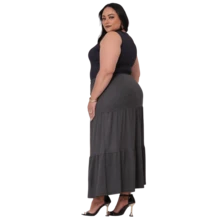 Saia Longa Feminina três Maria Camadas Cores Lisa Casual - Cinza - Visão 4