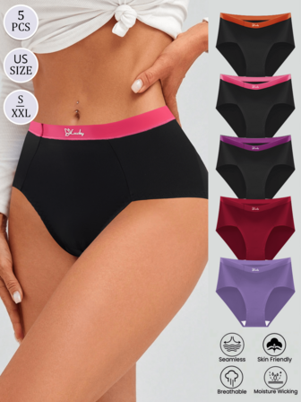 5条装女士透气柔软纯棉内裤，蝴蝶、字母印花、撞色条纹设计